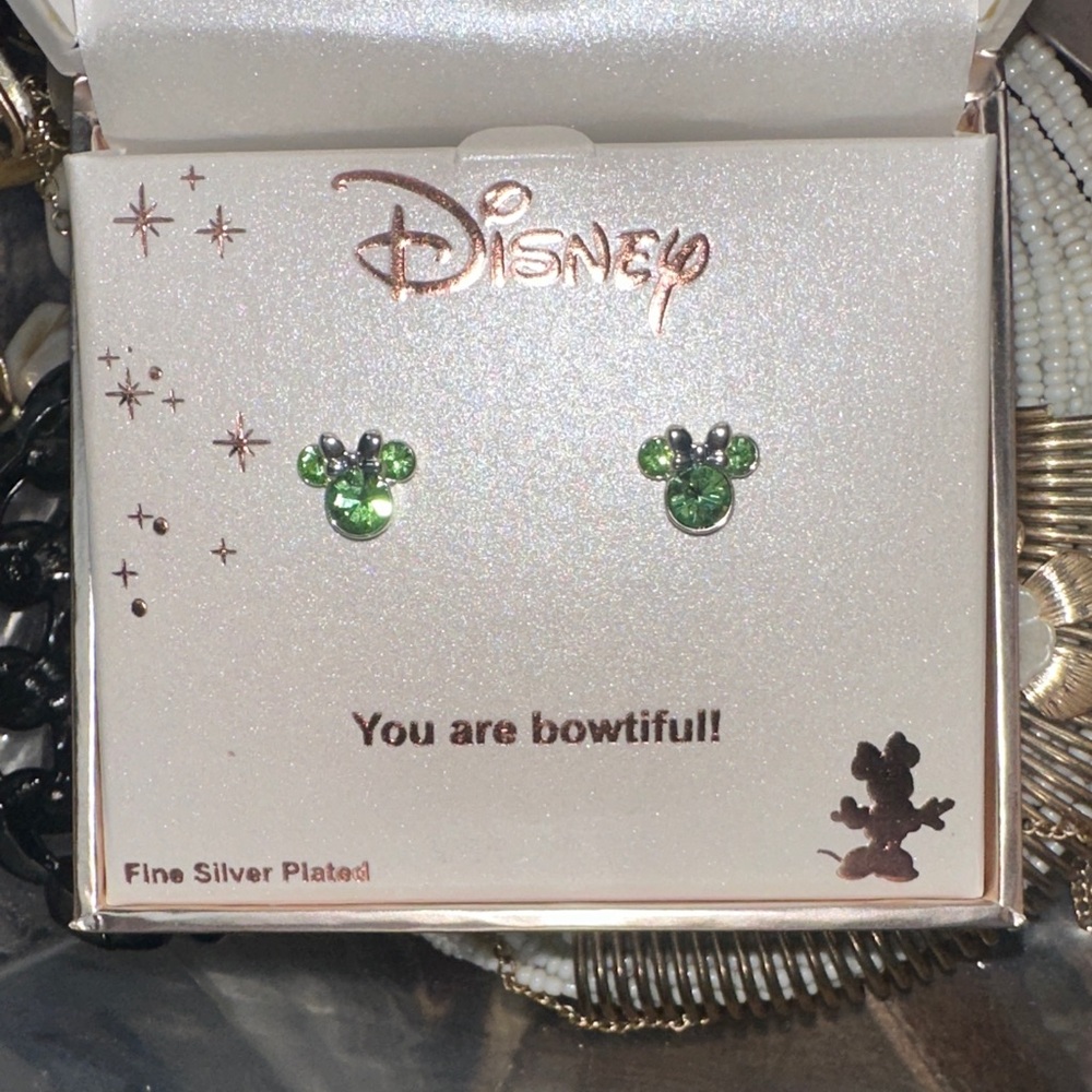 Disney Silver and Green Mickey Mouse Earrings August birth month